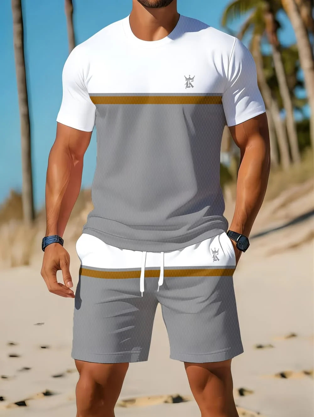 Nouvel Arrivage Été 2026 – Ensemble Décontracté Homme Deux Pièces : Chemise Rayée Imprimée 3D à Manches Courtes et Short de Sport – Ensemble de Fitness pour Homme MAEJORKEN