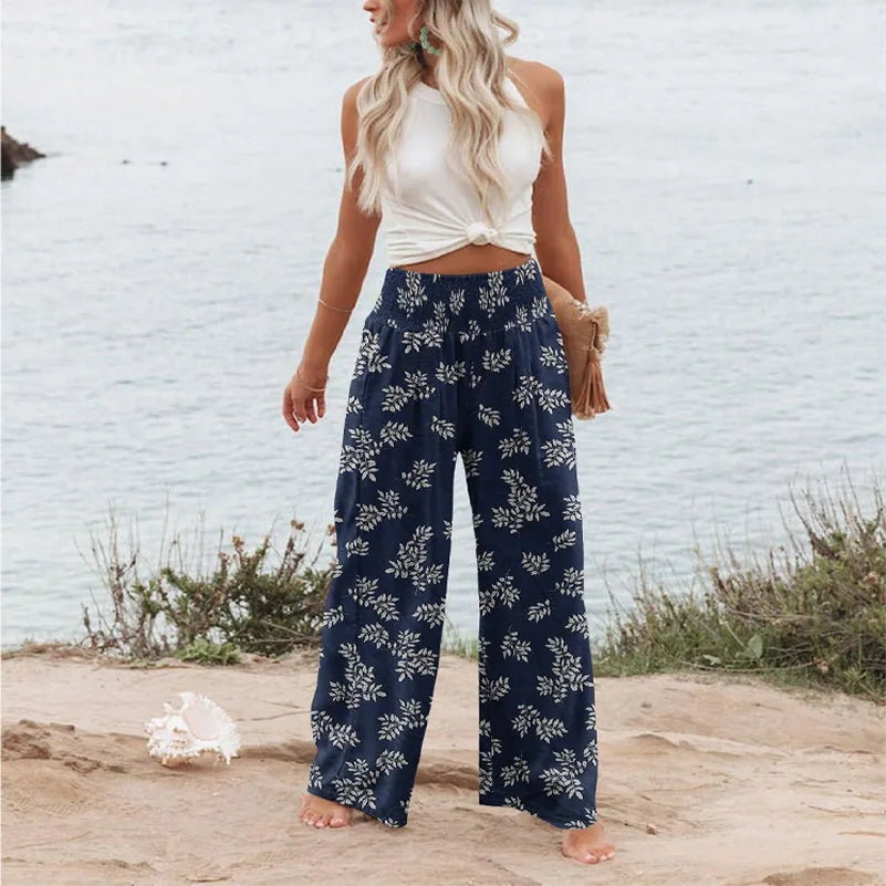 Pantalons pour femmes de grande taille, pantalons de plage à jambes larges imprimés de fleurs, pantalons décontractés de style bohème à taille élastique avec poches MAEJORKEN