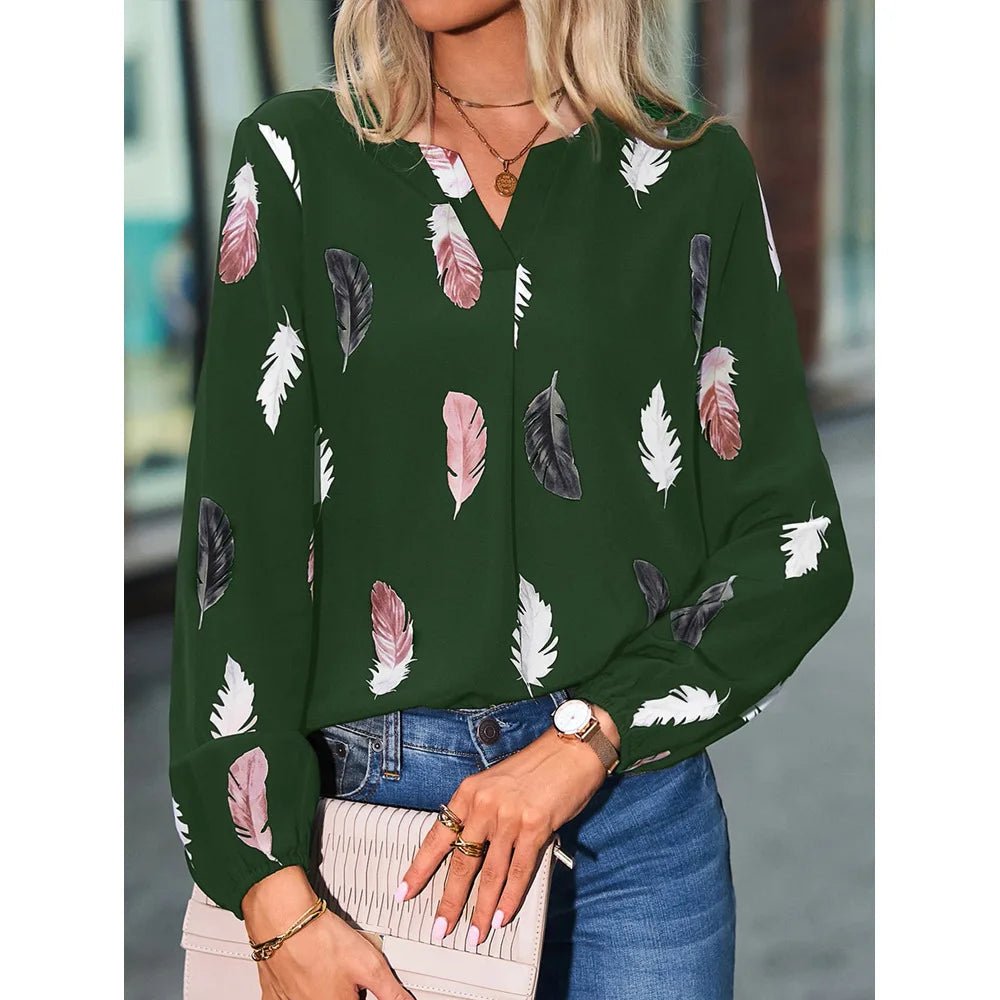 Chemisier femmes haut élégant à manches longues motif de plumes élégant en mousseline de soie du S au 3XL MAEJORKEN