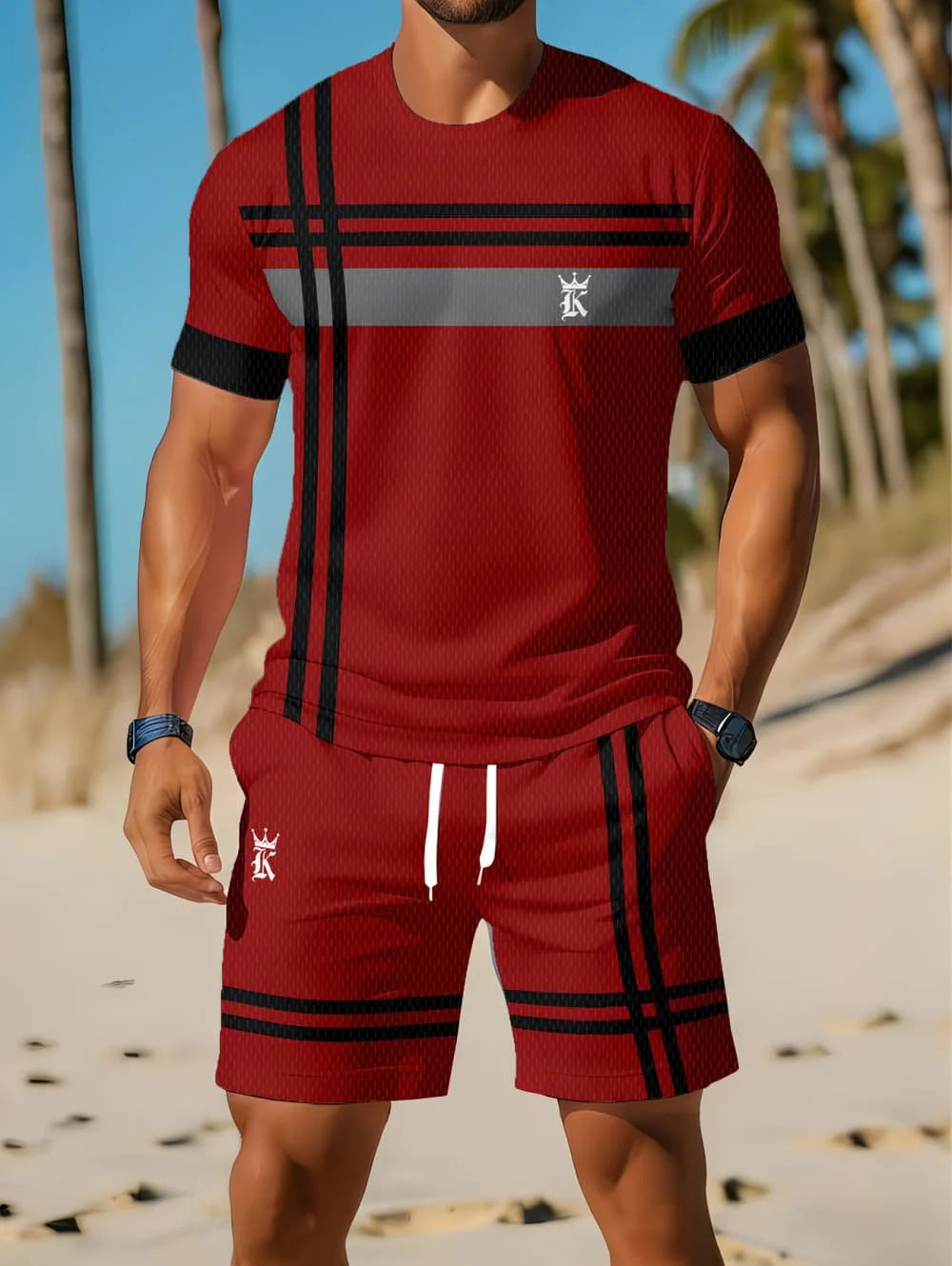 Nouvel Arrivage Été 2026 – Ensemble Décontracté Homme Deux Pièces : Chemise Rayée Imprimée 3D à Manches Courtes et Short de Sport – Ensemble de Fitness pour Homme MAEJORKEN