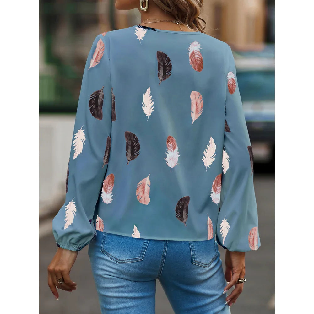 Chemisier femmes haut élégant à manches longues motif de plumes élégant en mousseline de soie du S au 3XL MAEJORKEN