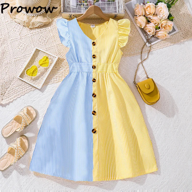 Fille robe d'été manches volantes rayures robe Patchwork couleur chemise robe pour filles décontracté adolescent filles vêtements enfants robes MAEJORKEN
