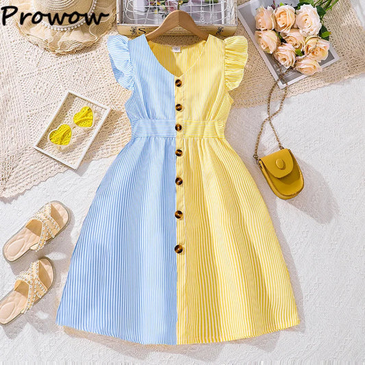 Fille robe d'été manches volantes rayures robe Patchwork couleur chemise robe pour filles décontracté adolescent filles vêtements enfants robes MAEJORKEN