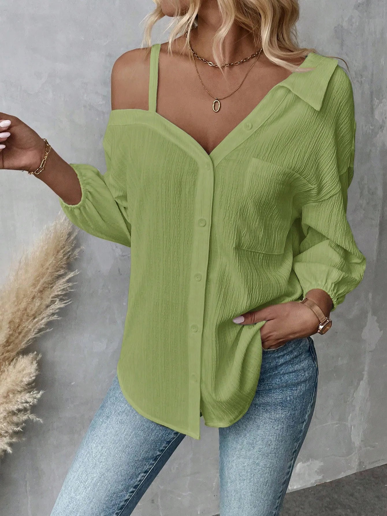 Chemise élégante pour femmes, épaules dénudées, trois quarts, chemisier sexy, décontracté, boutons unis, chemise ample, hauts de bureau pour femmes, streetwear, tuniques du S au XL MAEJORKEN