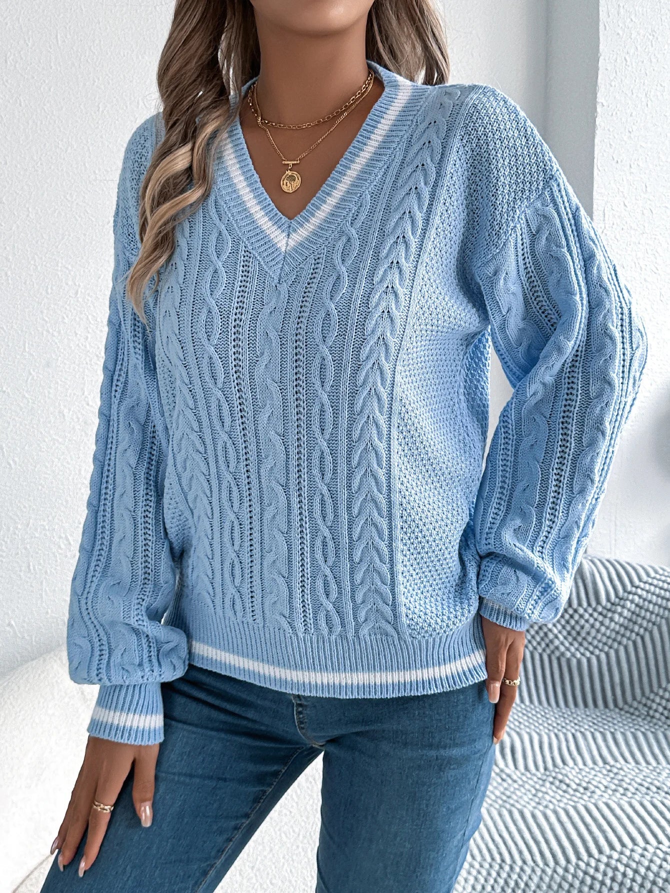 Pull en tricot torsadé à col en V pour femme, bloc de couleur, manches longues, ample, décontracté, tricoté MAEJORKEN