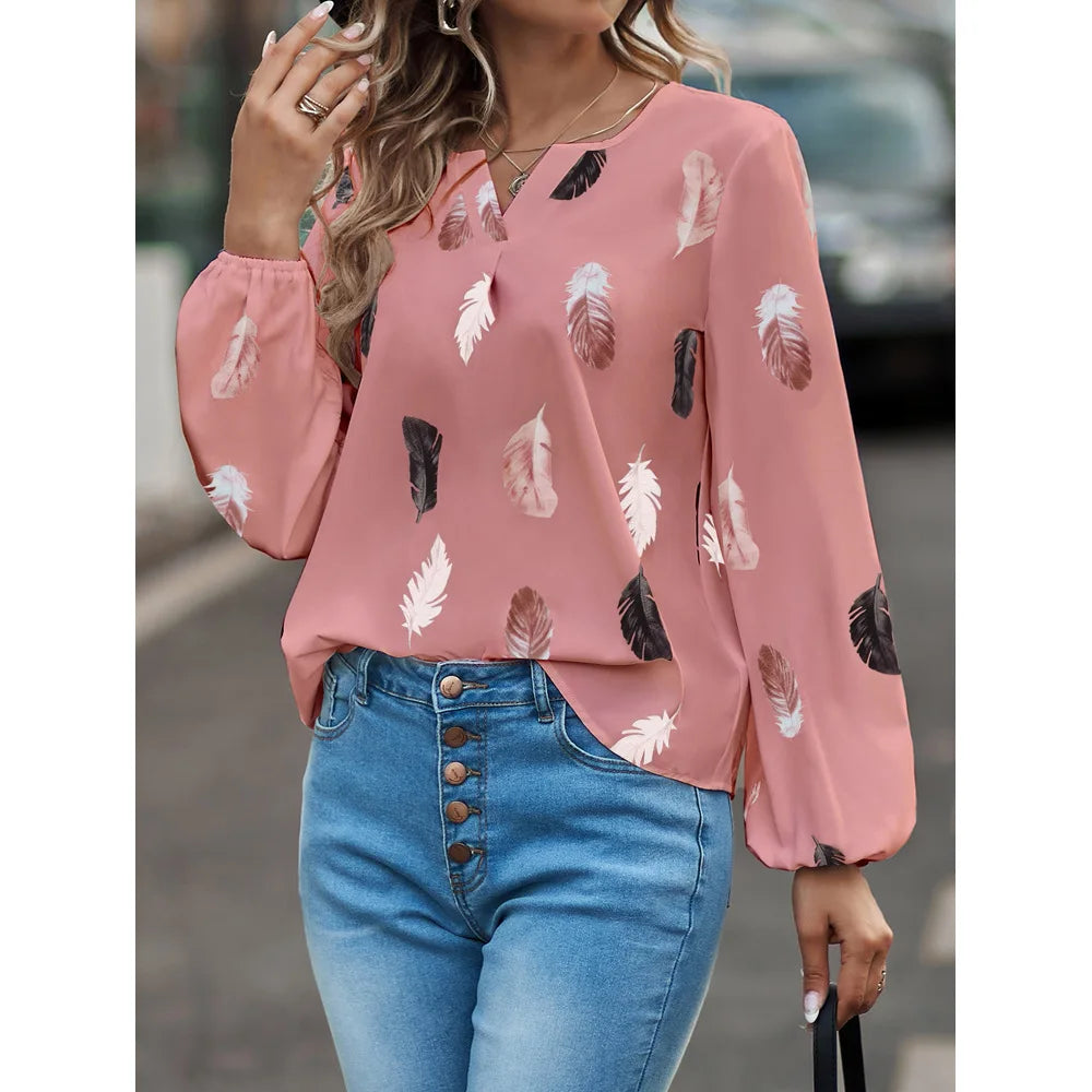 Mode femme Blouse chemises pour femmes haut élégant à manches longues motif de plumes femmes hauts élégant en mousseline de soie Mujer femme vêtements MAEJORKEN