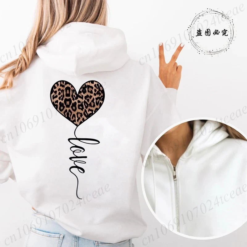 Sweat à capuche avec fermeture éclair pour femmes, Style unisexe, surdimensionné, ample, haut d'extérieur, imprimé cœur, léopard, fermeture éclair, nouvelle collection MAEJORKEN