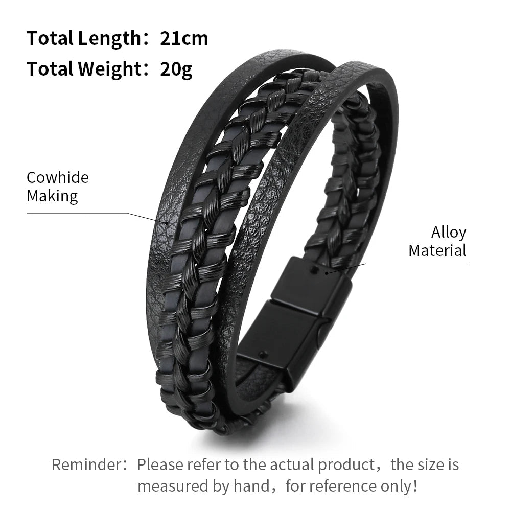 Bracelets en cuir tendance pour hommes, en acier inoxydable, corde tressée multicouche de 21CM, bijoux cadeaux MAEJORKEN