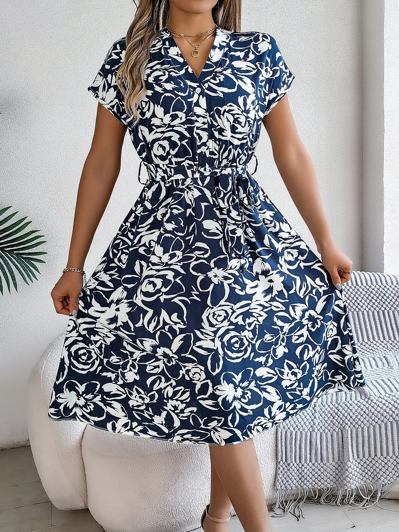 Robes décontractées pour femmes, col en v, boutons, imprimé floral, manches courtes, robe trapèze, printemps été MAEJORKEN
