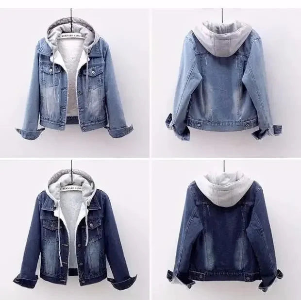 Femmes Denim manteau à capuche simple boutonnage bouton vestes à capuche Patchwork vêtements d'extérieur Cardigan poches solides Streetwear chaud MAEJORKEN