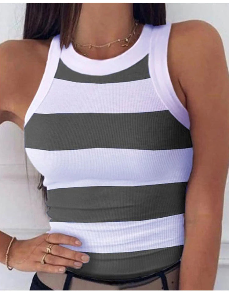 Débardeur élastique de base d'été T-shirt d'impression numérique femmes col rond dos nageur débardeur Sexy imprimé à rayures débardeur sans manches MAEJORKEN