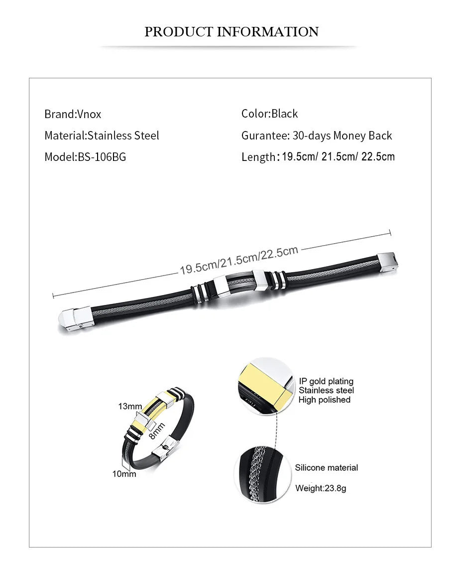 Vnox - Bracelet en acier inoxydable, bracelet pour homme, bracelet punk à maillons en silicone rainuré noir, bracelet punk élégant et décontracté MAEJORKEN