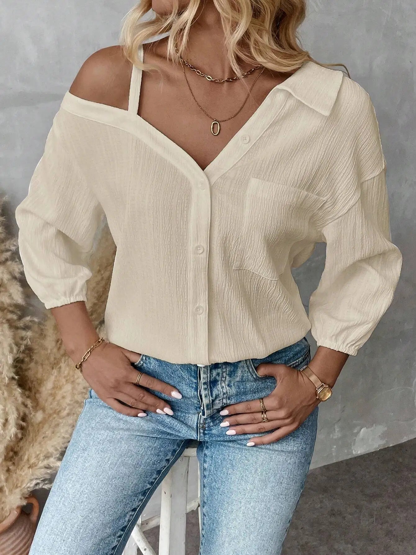 Chemise élégante pour femmes, épaules dénudées, trois quarts, chemisier sexy, décontracté, boutons unis, chemise ample, hauts de bureau pour femmes, streetwear, tuniques du S au XL MAEJORKEN