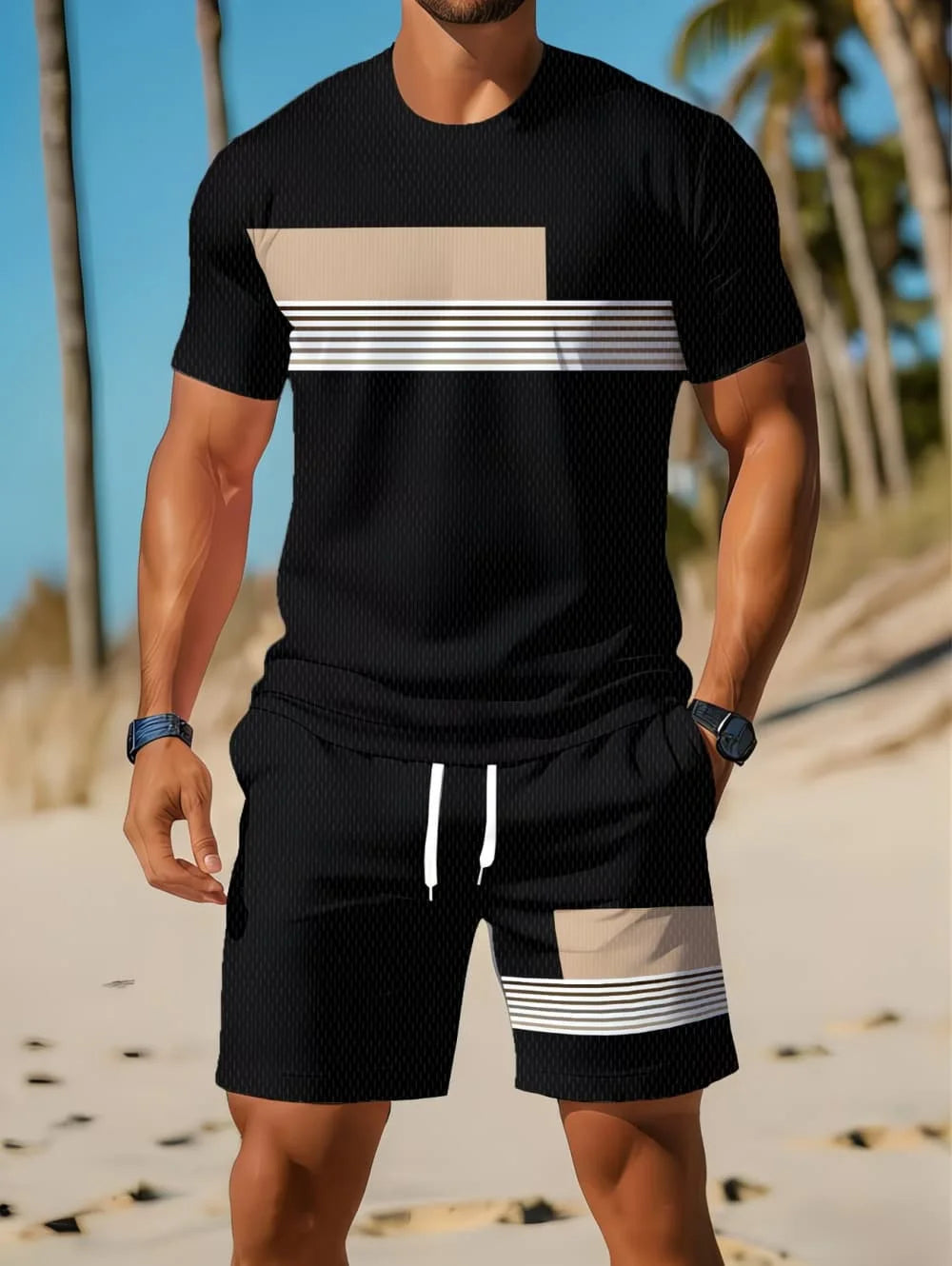 Nouvel Arrivage Été 2026 – Ensemble Décontracté Homme Deux Pièces : Chemise Rayée Imprimée 3D à Manches Courtes et Short de Sport – Ensemble de Fitness pour Homme MAEJORKEN