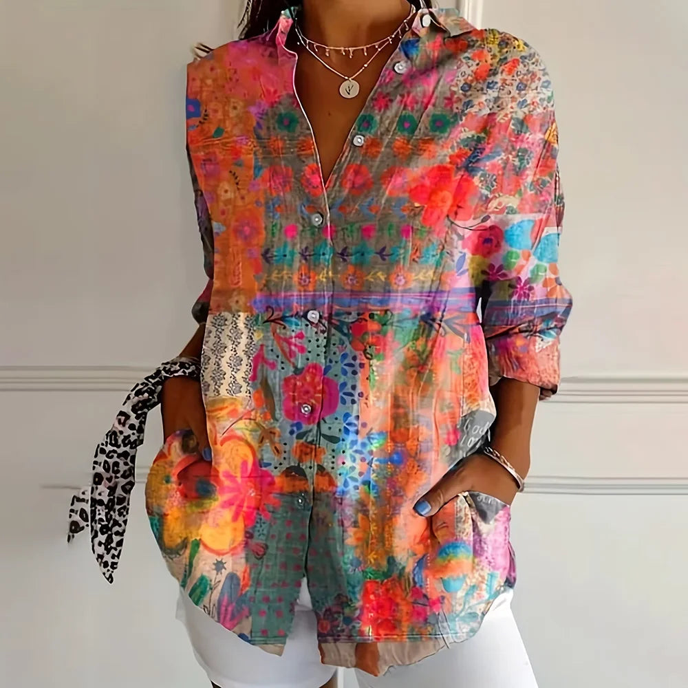 Cette chemise à manches longues de style bohème rétro avec motifs floraux colorés est tendance, polyvalente et accrocheuse. MAEJORKEN