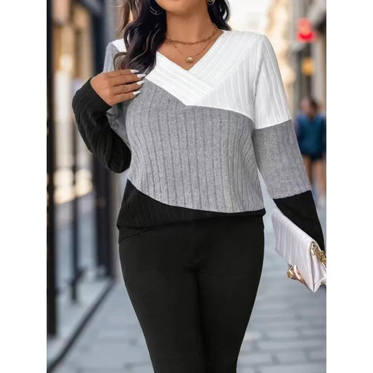Pull à manches longues et col en V pour femme, grande taille, mode automne, Colorblock, décontracté, quotidien MAEJORKEN