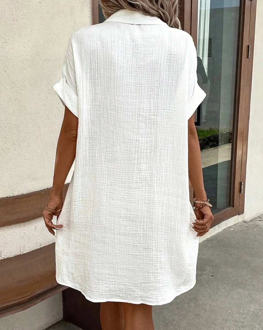 Mini robe Vintage en coton et lin pour femmes, couleur unie, mode d'été, col en v, manches trois quarts, décontractée, vacances MAEJORKEN
