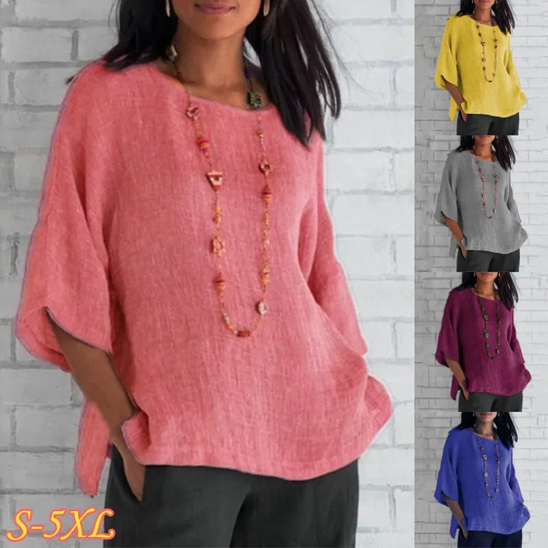 Chemisier en coton chemises d'été col rond trois quarts ample blouse décontractée hauts vêtements d'été pour les femmes Streetwear MAEJORKEN