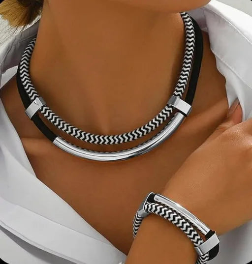 Ensemble de 2 pièces, nouvelle mode, noir et blanc, Double ligne épaisse, Tube métallique, collier et Bracelet de Style Hip-Hop exagéré, pour un usage quotidien MAEJORKEN