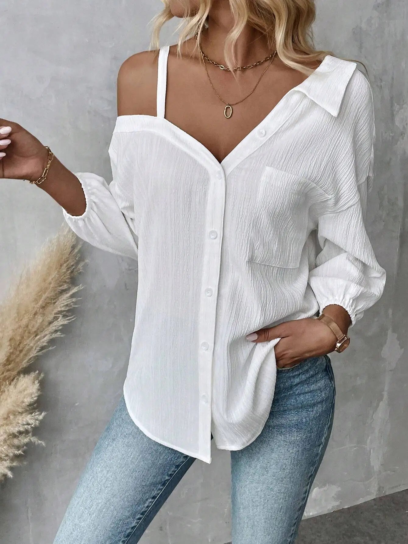 Chemise élégante pour femmes, épaules dénudées, trois quarts, chemisier sexy, décontracté, boutons unis, chemise ample, hauts de bureau pour femmes, streetwear, tuniques du S au XL MAEJORKEN