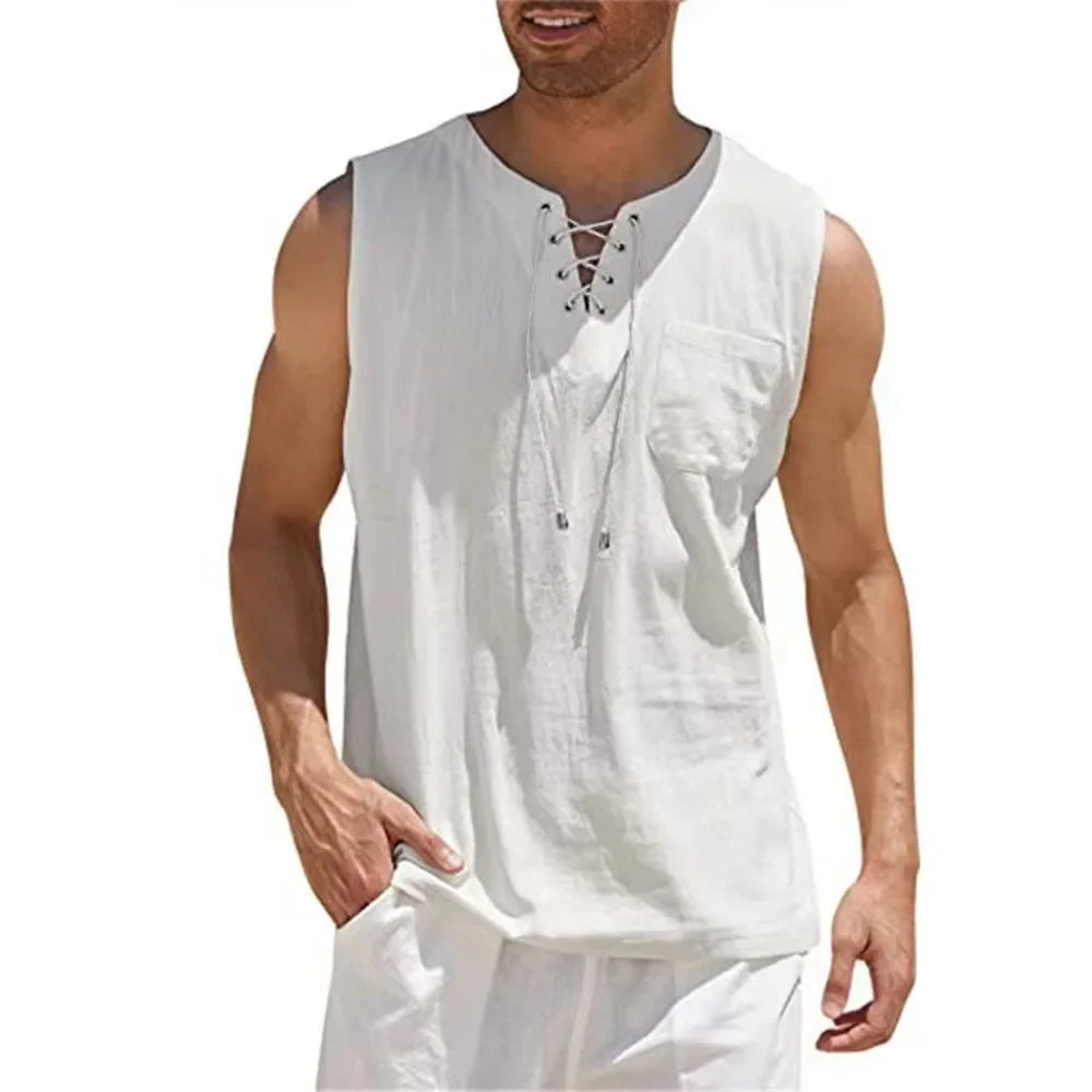 Chemises en coton et lin pour hommes, chemises à lacets rétro, chemise à col en V, précieux, chemise Y-adt, vêtements pour documents solides, chemises décontractées pour hommes MAEJORKEN
