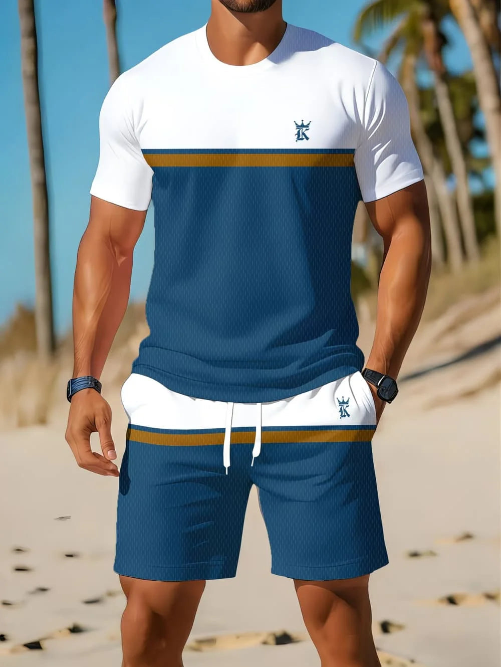Nouvel Arrivage Été 2026 – Ensemble Décontracté Homme Deux Pièces : Chemise Rayée Imprimée 3D à Manches Courtes et Short de Sport – Ensemble de Fitness pour Homme MAEJORKEN
