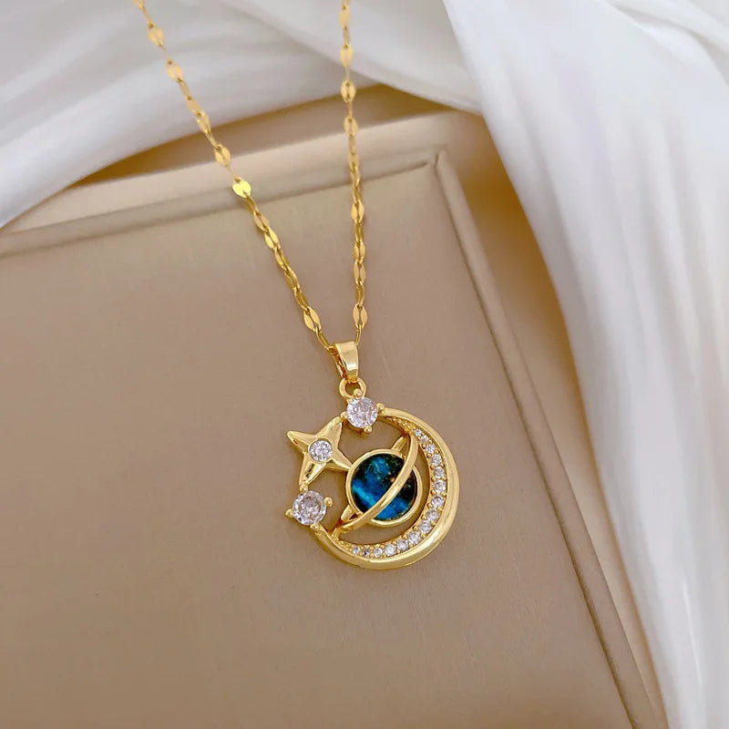 Collier de la série Star Series en acier au titane pour femme, pendentif planète lune et astronome, colliers de la présidence, cadeaux de bijoux, document doré, luxe abordable MAEJORKEN
