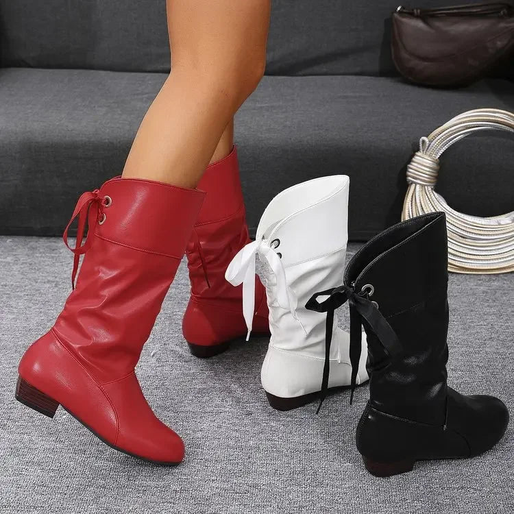 Chaussures pour femmes 2025 printemps genou bottes hautes rouge noir blanc bottes hautes femme plissé talon bas décontracté en cuir femme chaussures longues MAEJORKEN
