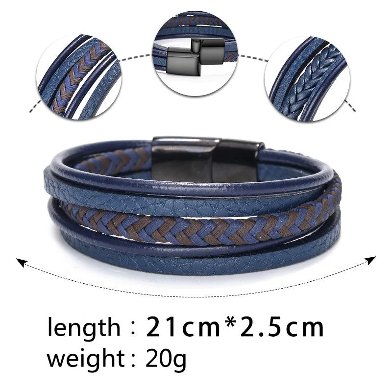 Bracelets en cuir tendance pour hommes, en acier inoxydable, corde tressée multicouche de 21CM, bijoux cadeaux MAEJORKEN