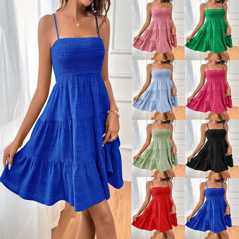 Mode femme Spaghetti sangle smocké Bustier Mini robe bleu à volants à plusieurs niveaux robe trapèze été décontracté vacances vêtements de plage du S au 2XL MAEJORKEN