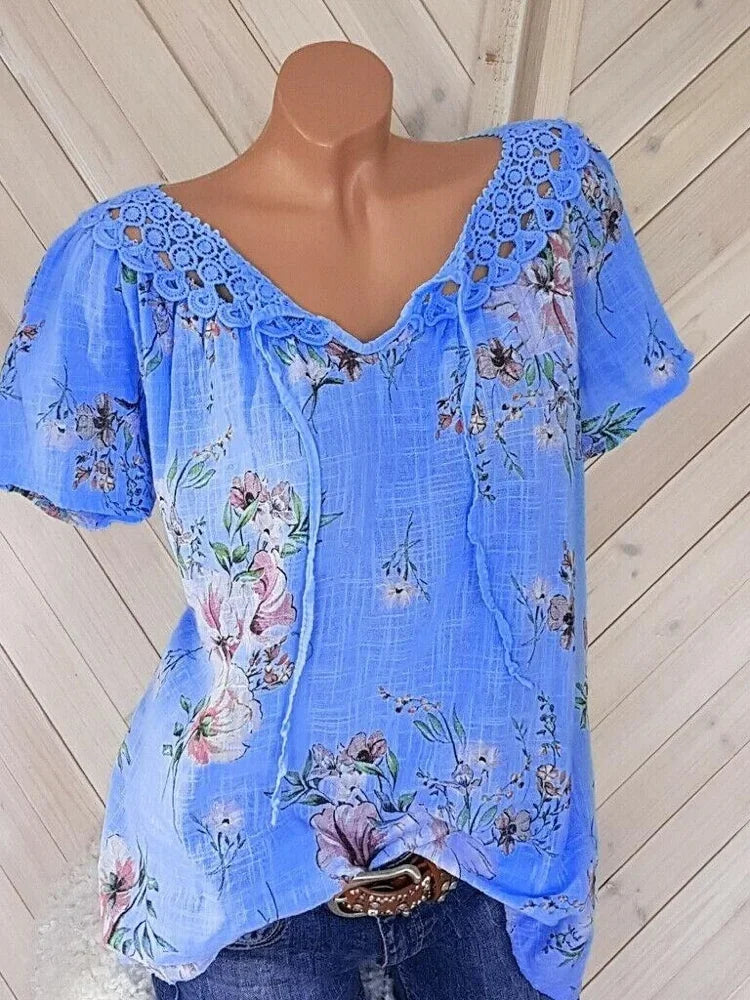 Chemisiers College floraux à lacets pour femmes, manches courtes, chemise en dentelle, t-shirts décontractés, mode estivale MAEJORKEN