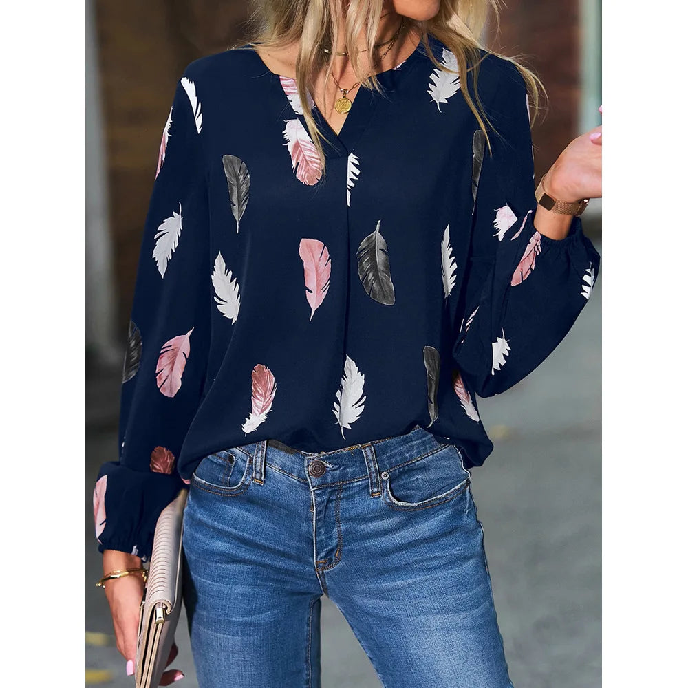 Chemisier femmes haut élégant à manches longues motif de plumes élégant en mousseline de soie du S au 3XL MAEJORKEN