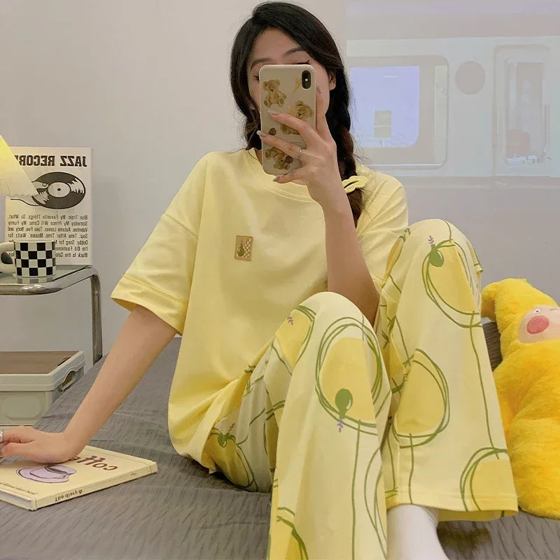 Pyjama doux en coton à manches courtes et pantalon imprimé du M au 3XL