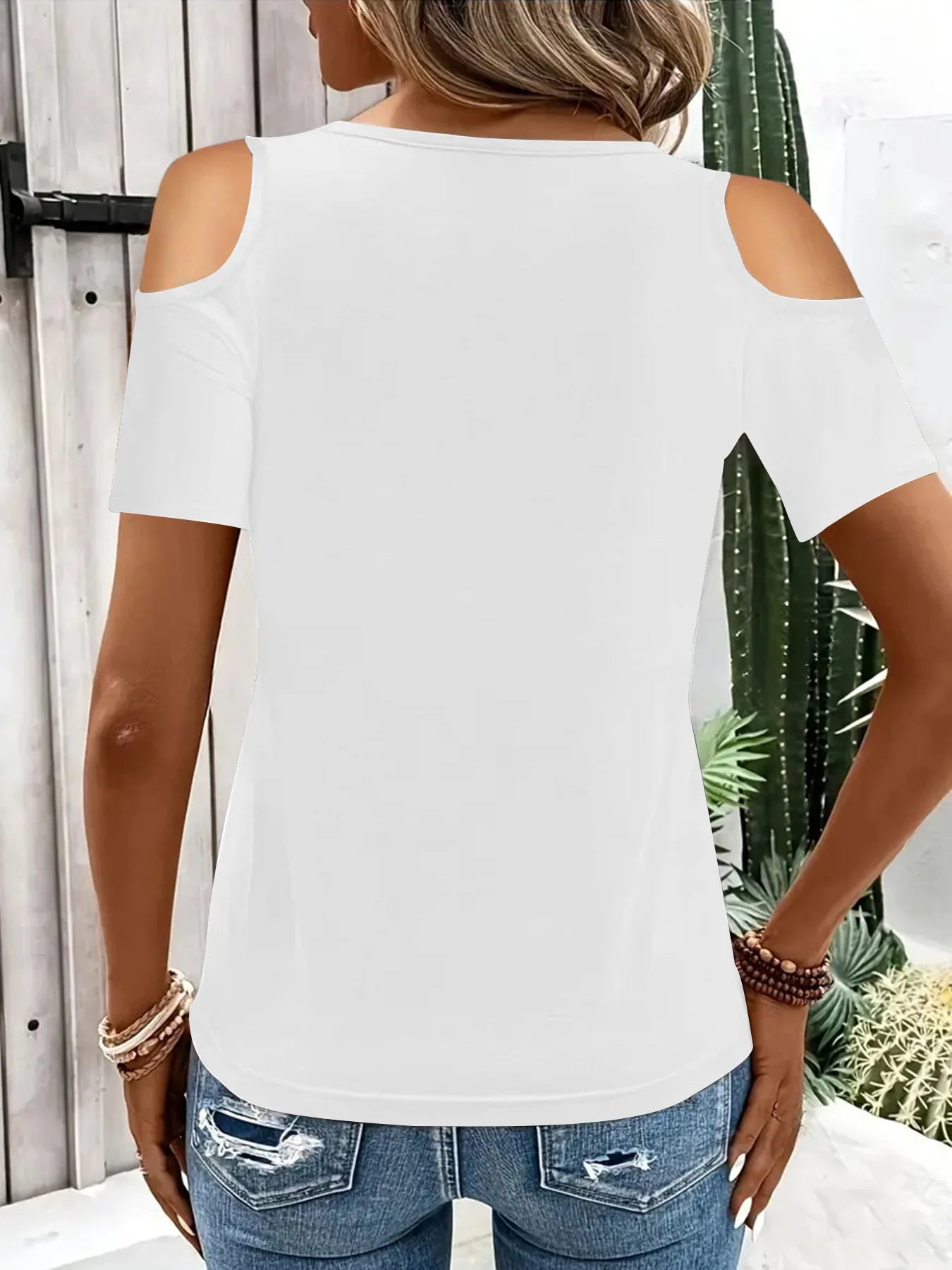 T-shirt à manches courtes décontracté épaules nues col en V couleurs unies du S au 2XL