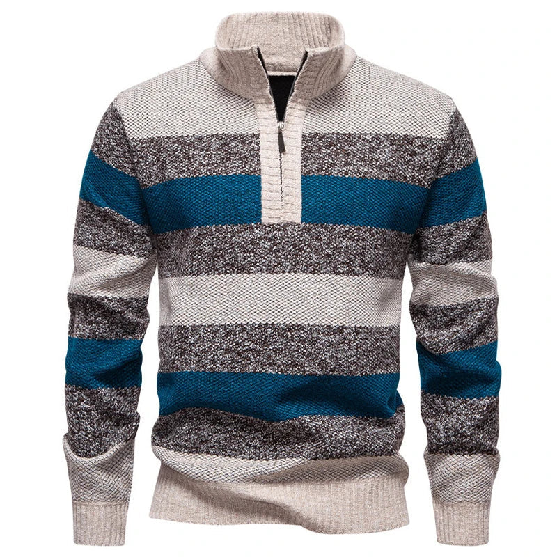 2025 automne hiver tricot pulls hommes Patchwork rayé mode col montant tirer sur tricoté pull homme épais chaud tricots MAEJORKEN