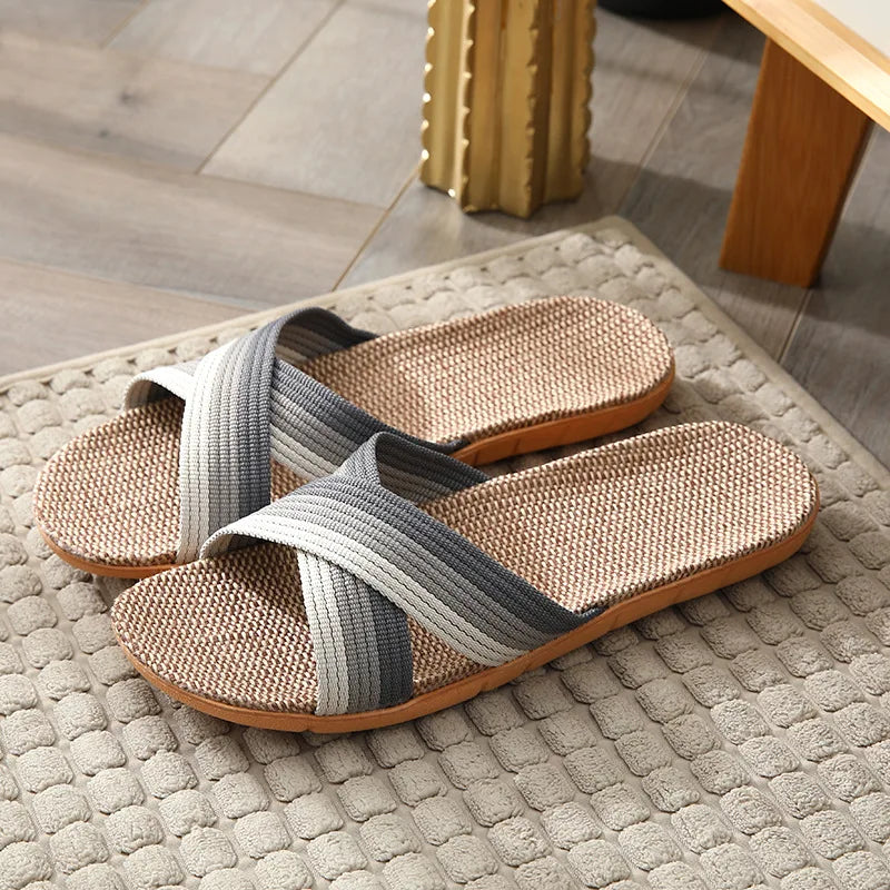 Hommes chaussures pantoufles lin maison intérieure bout ouvert chaussure plate plage pantoufles rayé épissé en caoutchouc sandales Zapatillas Hombre MAEJORKEN