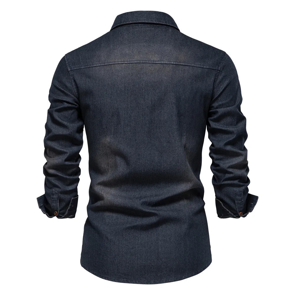 Chemise en denim en coton élastique pour hommes, manches longues, poche pour documents, chemises monochromes pour hommes, coupe couvertes décontractée, vêtements de créateurs, haute qualité MAEJORKEN