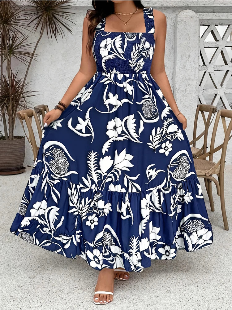 Grande taille 2025 été nouvelle robe florale de vacances licou avec ourlet à volants et buste froncé robe grande taille Polyester MAEJORKEN