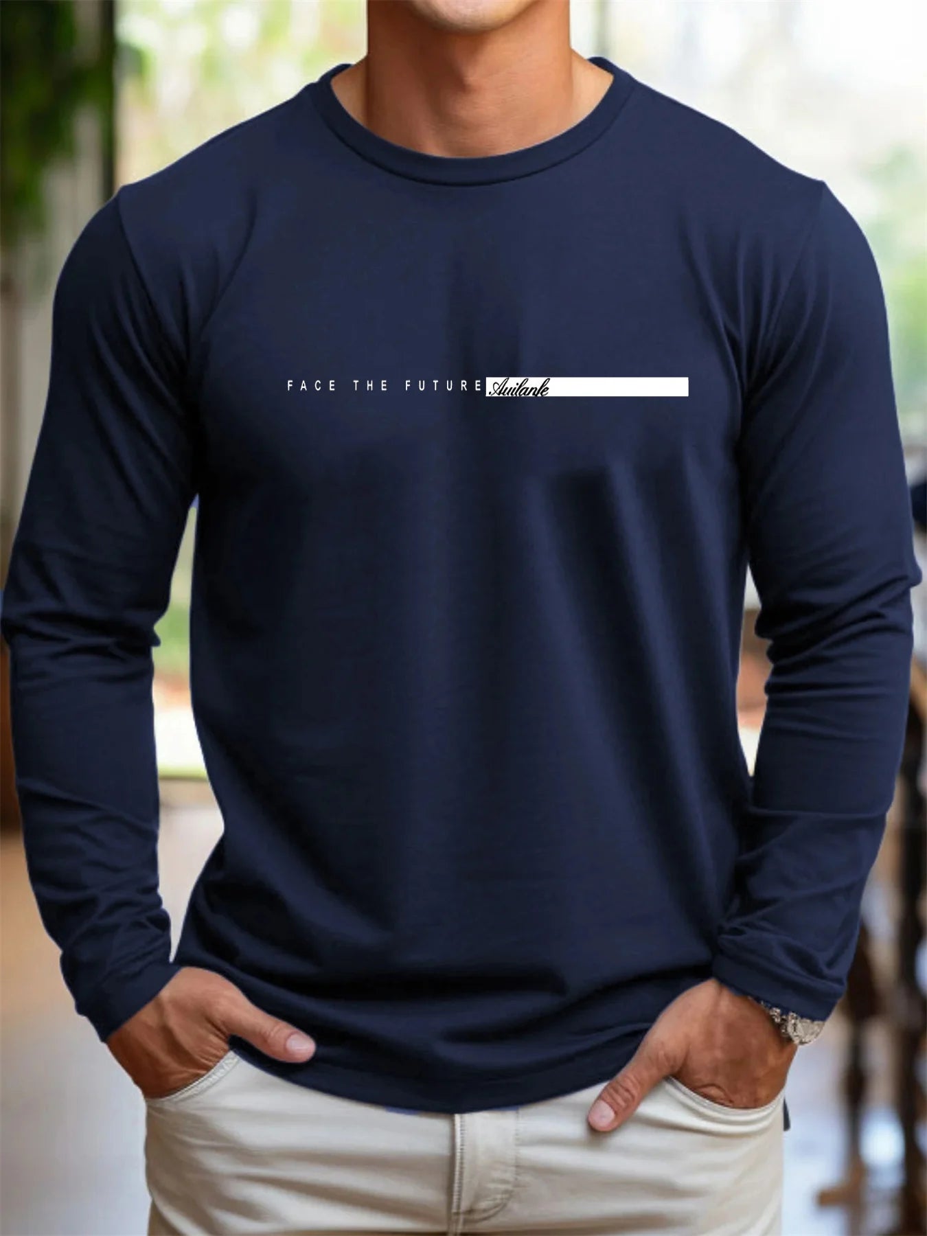 100% pur coton hommes à manches longues col rond ample décontracté futur lettre motif imprimé printemps et automne polyvalent T-shirt MAEJORKEN