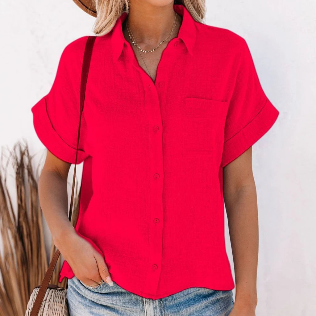 Chemise d'été élégants en coton et lin pour femmes, manches courtes, revers boutonné du S au 2XL MAEJORKEN
