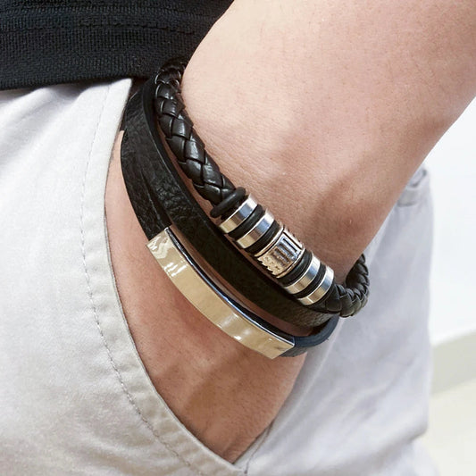 Bracelets en cuir tendance pour hommes, en acier inoxydable, corde tressée multicouche de 21CM, bijoux cadeaux MAEJORKEN