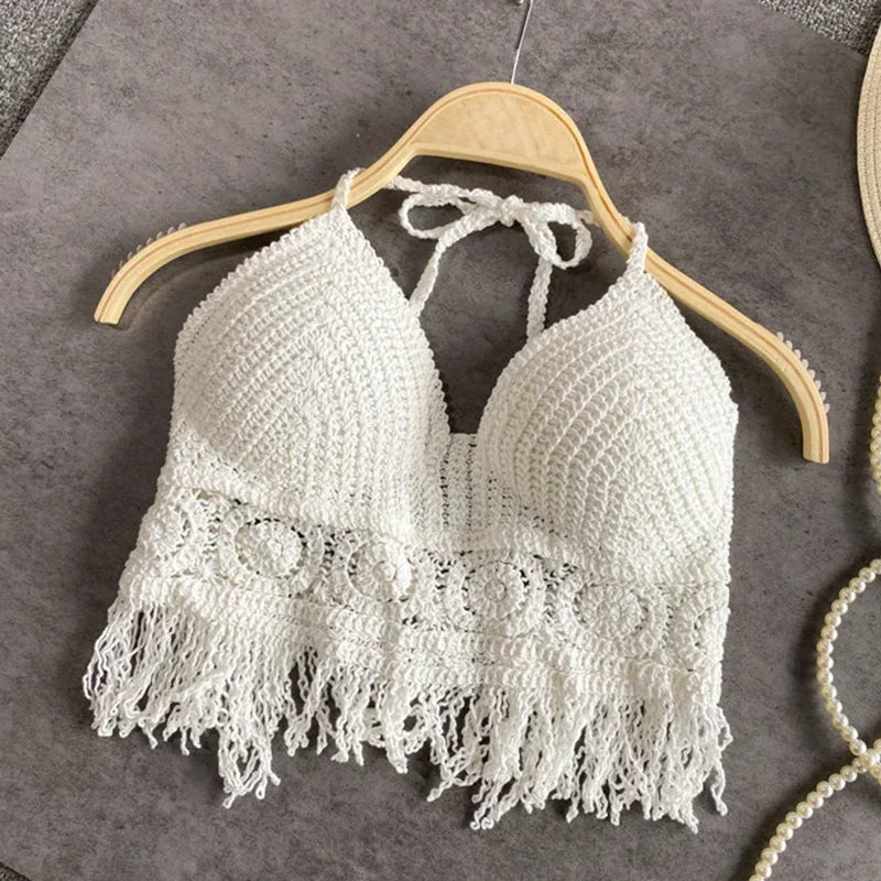 Soutien gorges de maillot de bain de plage sexy pour femmes, dos nu, col licou, crochet, tricot,  glaçure creuse, pompon, haut précieux MAEJORKEN