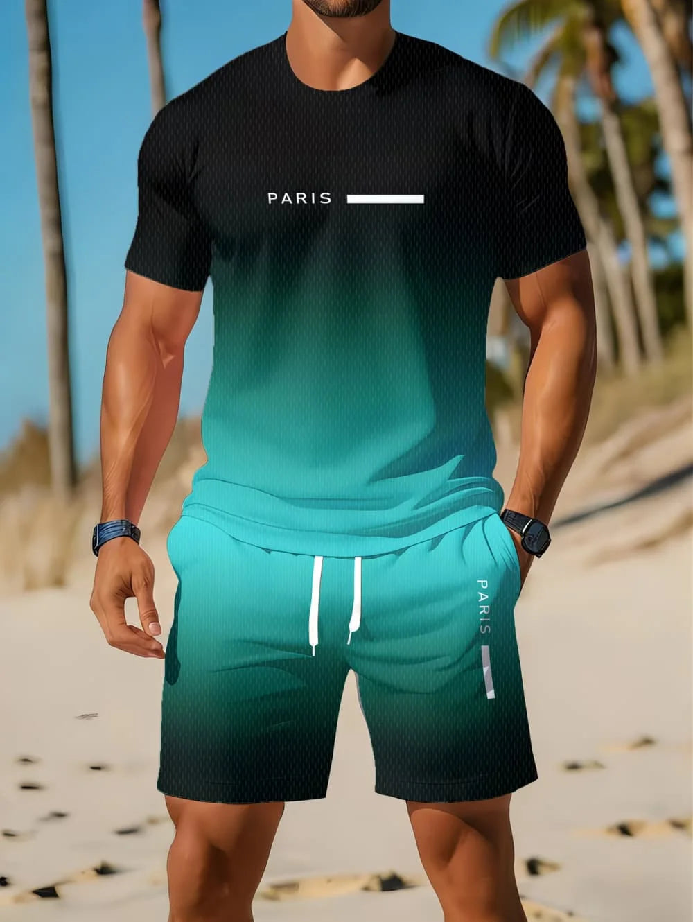 Nouvel Arrivage Été 2026 – Ensemble Décontracté Homme Deux Pièces : Chemise Rayée Imprimée 3D à Manches Courtes et Short de Sport – Ensemble de Fitness pour Homme MAEJORKEN
