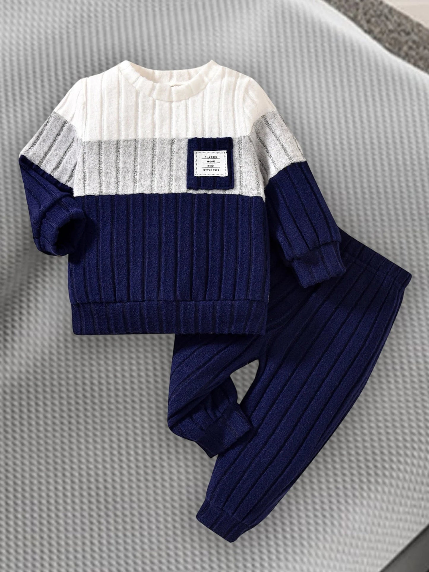 VISgogo 0-3 ans garçons automne 2 pièces ensembles de vêtements à manches longues col rond Patchwork pull couleur unie pantalon MAEJORKEN