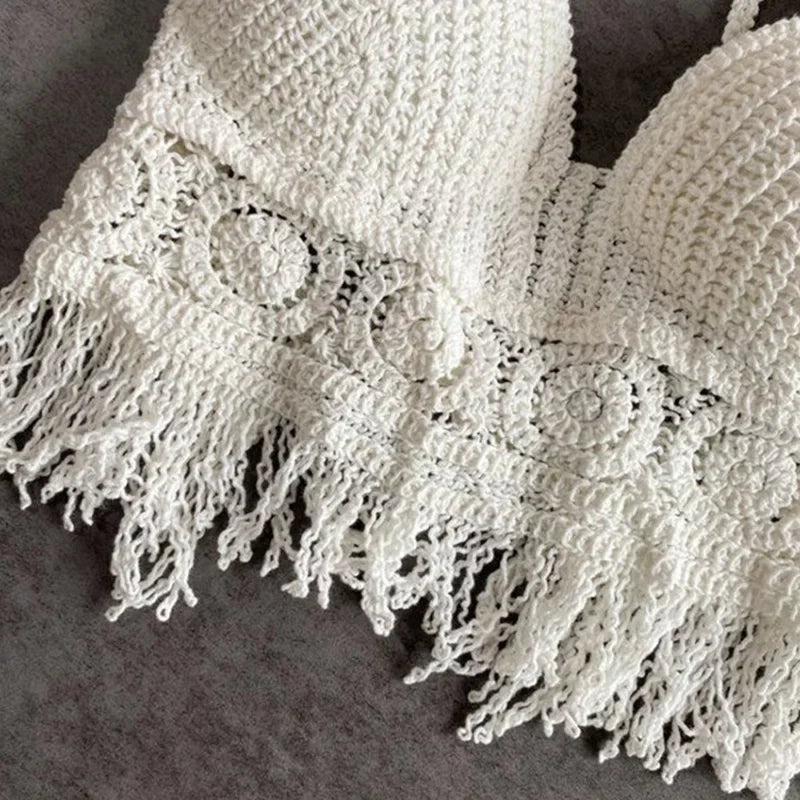 Soutien gorges de maillot de bain de plage sexy pour femmes, dos nu, col licou, crochet, tricot,  glaçure creuse, pompon, haut précieux MAEJORKEN
