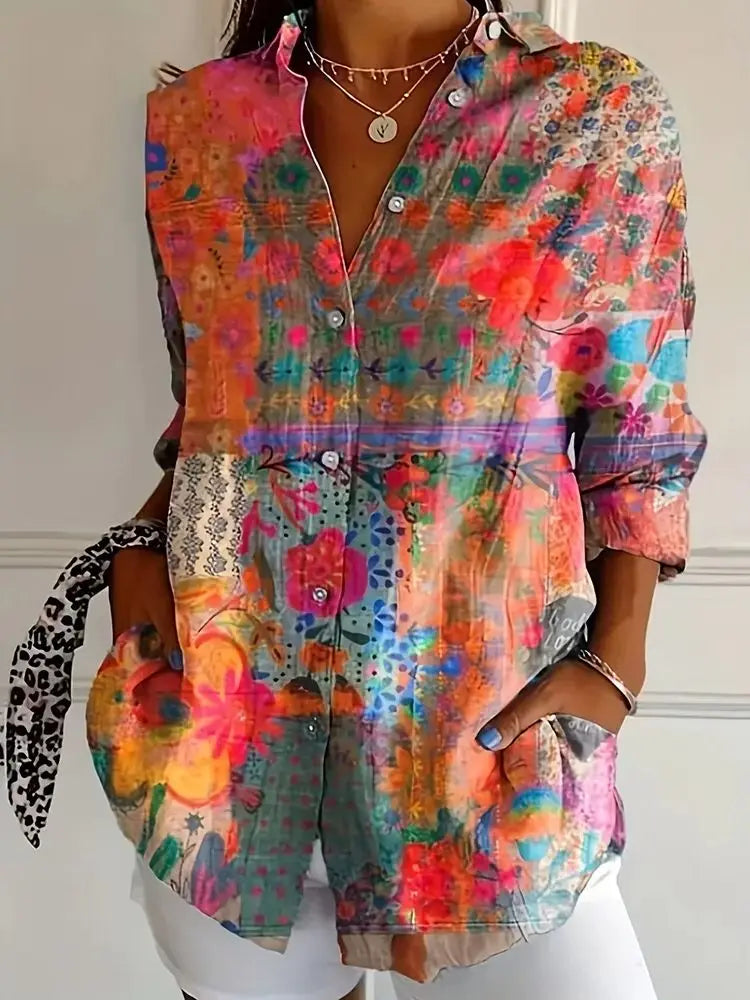 Cette chemise à manches longues de style bohème rétro avec motifs floraux colorés est tendance, polyvalente et accrocheuse. MAEJORKEN