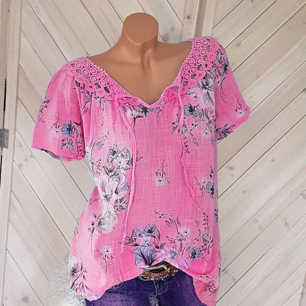 Chemisiers College floraux à lacets pour femmes, manches courtes, chemise en dentelle, t-shirts décontractés, mode estivale MAEJORKEN