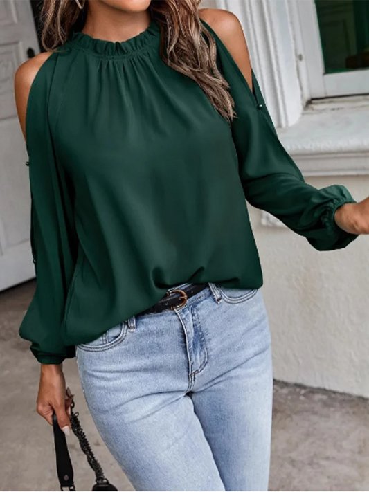 Chemise plissée à manches longues et col rond pour femme, épaules dénudées, Sexy, couleur unie, bureau quotidien, élégant, polyvalent, printemps MAEJORKEN