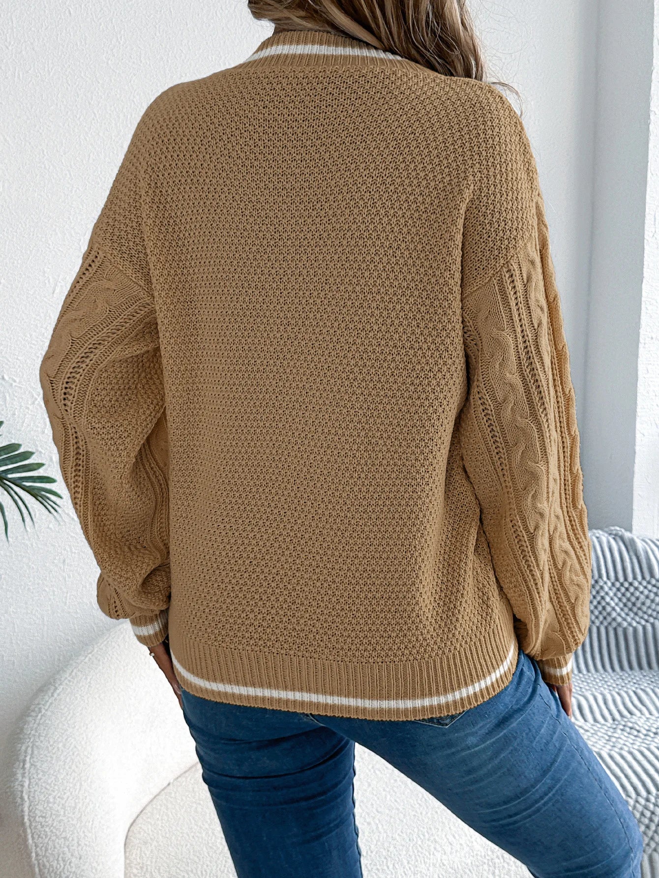 Pull en tricot torsadé à col en V pour femme, bloc de couleur, manches longues, ample, décontracté, tricoté MAEJORKEN