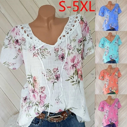 Chemisiers College floraux à lacets pour femmes, manches courtes, chemise en dentelle, t-shirts décontractés, mode estivale MAEJORKEN